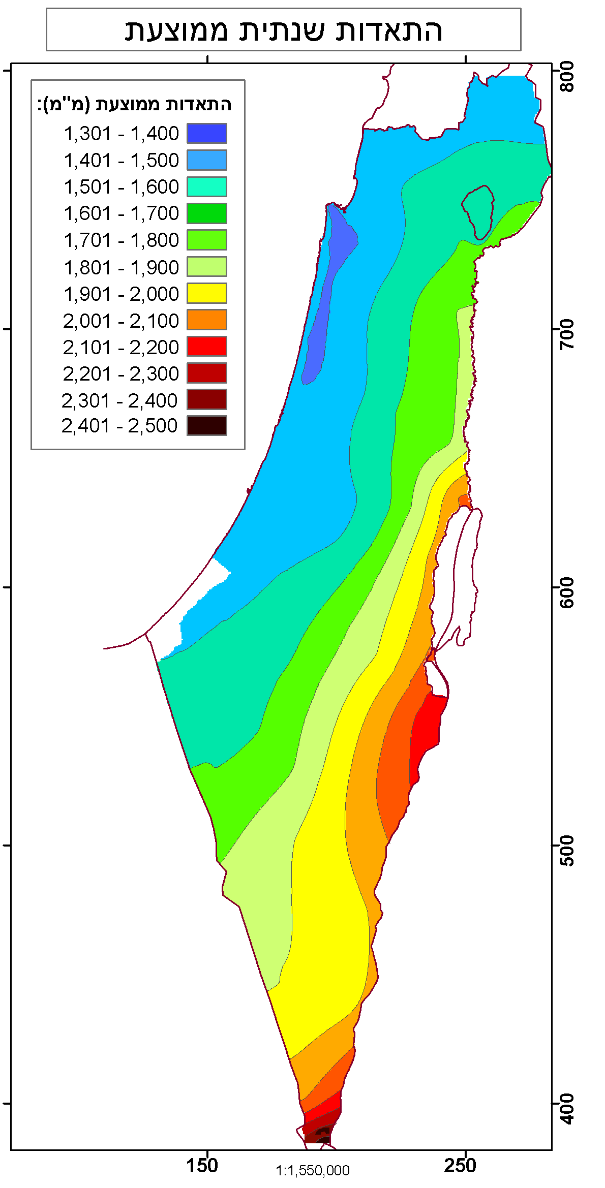 מפת ההתאדות השנתית הממוצעת בישראל, במילימטרים לשנה